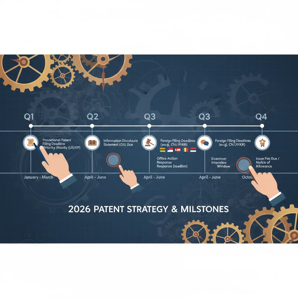Timeline graphic showing key 2026 patent application deadlines and legal milestones
