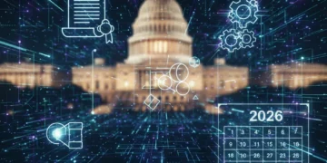 Futuristic digital landscape representing 2026 US patent law and emerging technology opportunities