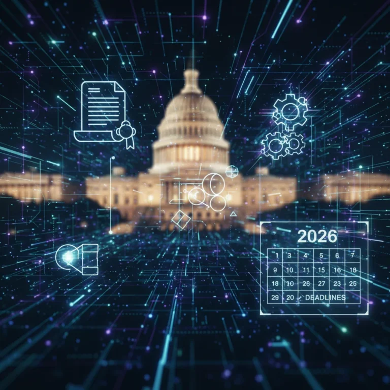 Futuristic digital landscape representing 2026 US patent law and emerging technology opportunities