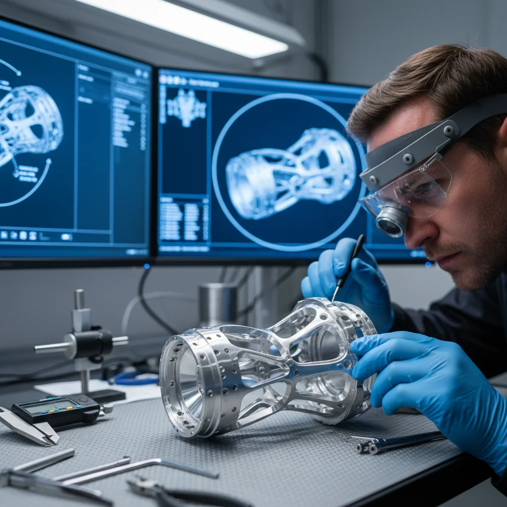 Technician inspecting a 3D-printed metal aerospace component for quality assurance.