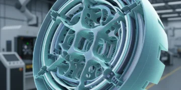 Advanced aerospace engine part made with additive manufacturing, showing intricate internal structures.