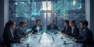 Professionals strategizing AI Act compliance for US startups in a futuristic setting.