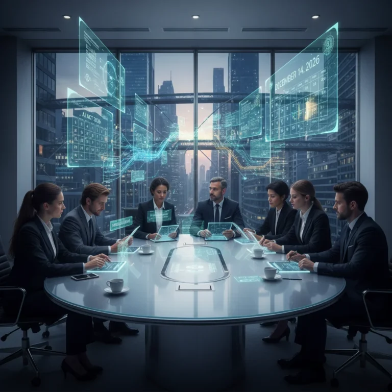 Professionals strategizing AI Act compliance for US startups in a futuristic setting.