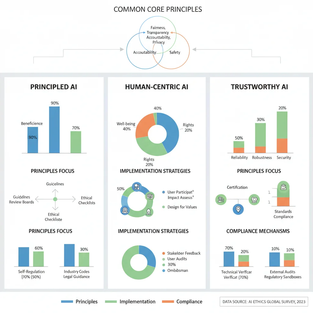 Comparative chart of various AI ethics frameworks and their principles