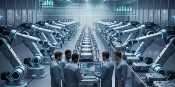 AI for Predictive Maintenance: Reduce Downtime 10% in US Manufacturing AI-powered predictive maintenance dashboard showing equipment health and data analytics in a modern factory setting.