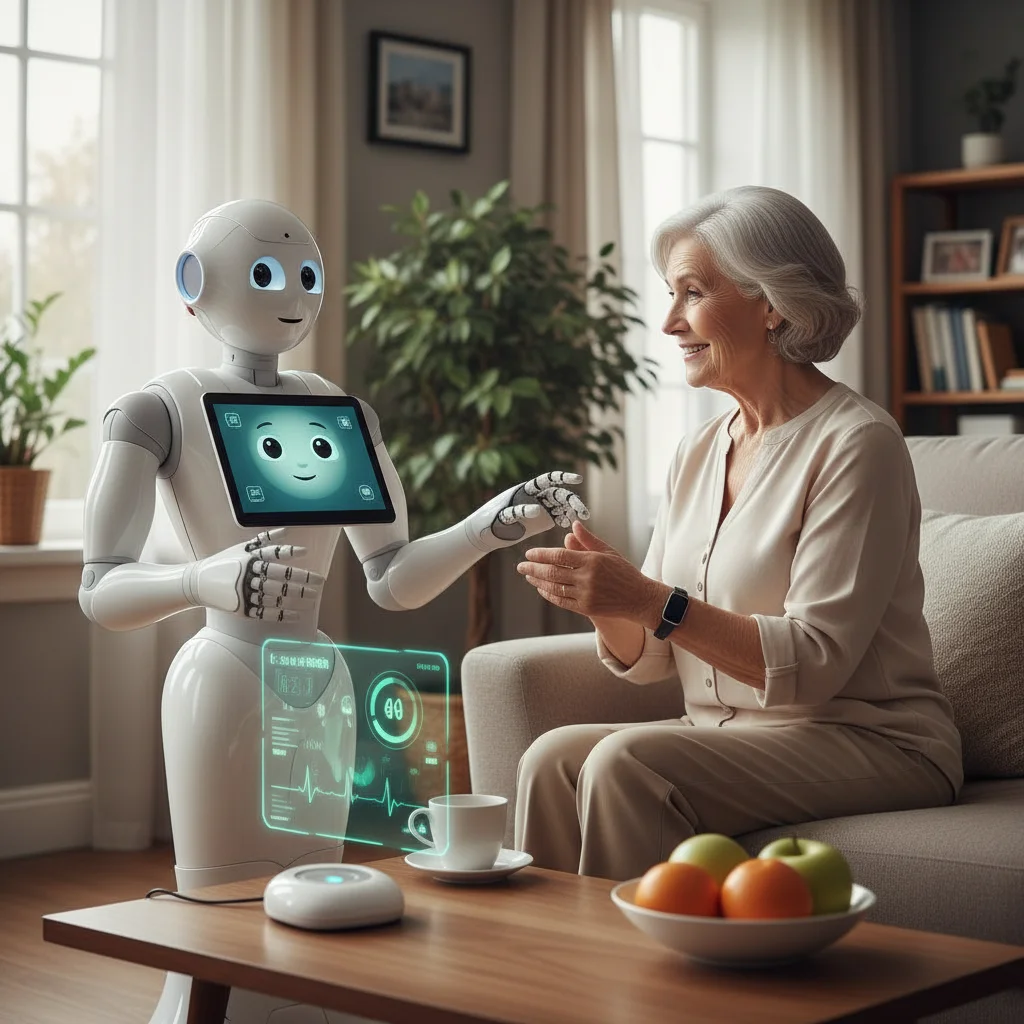 Patient interacting with AI robot for remote healthcare monitoring