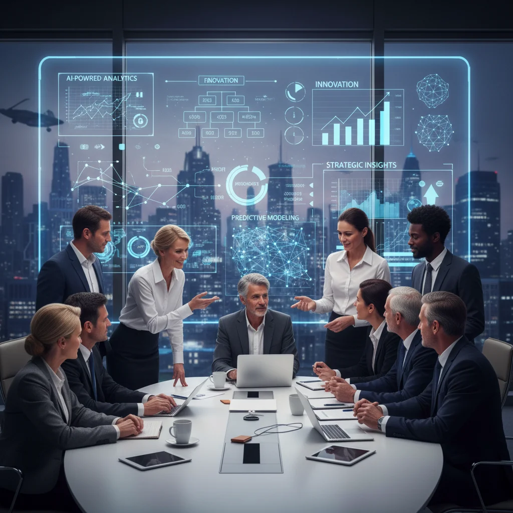 Business leaders making strategic decisions with AI-powered analytics.