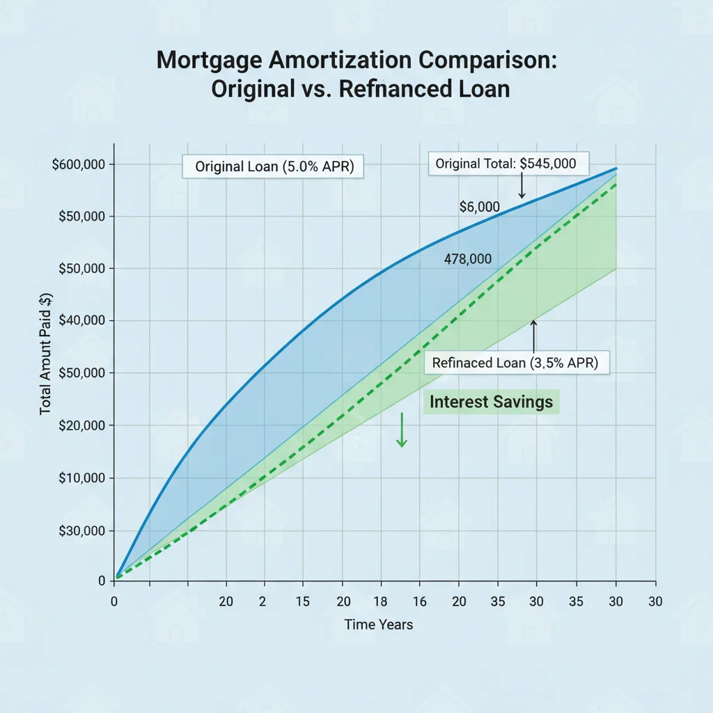 Amortization schedule comparison, original vs refinanced mortgage