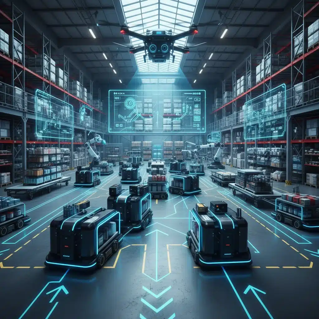 Autonomous Mobile Robots (AMRs) and drones optimizing logistics in a smart factory warehouse.