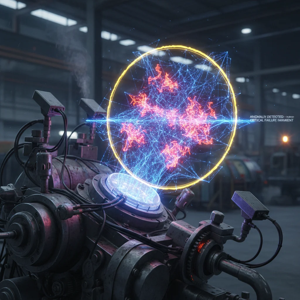 Industrial machine with sensors feeding data to an AI neural network for anomaly detection.