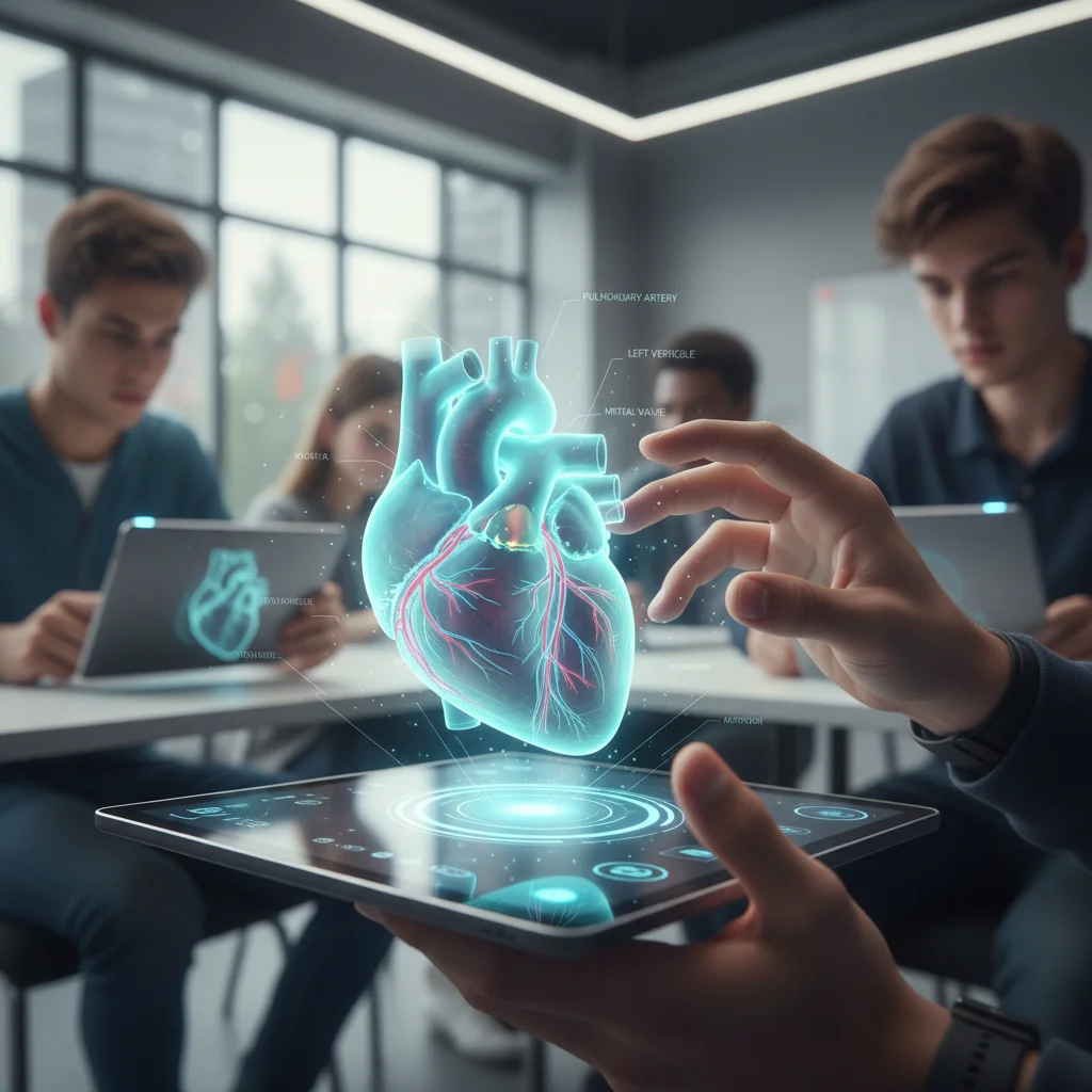 Student interacting with an augmented reality 3D model of the human heart on a tablet.