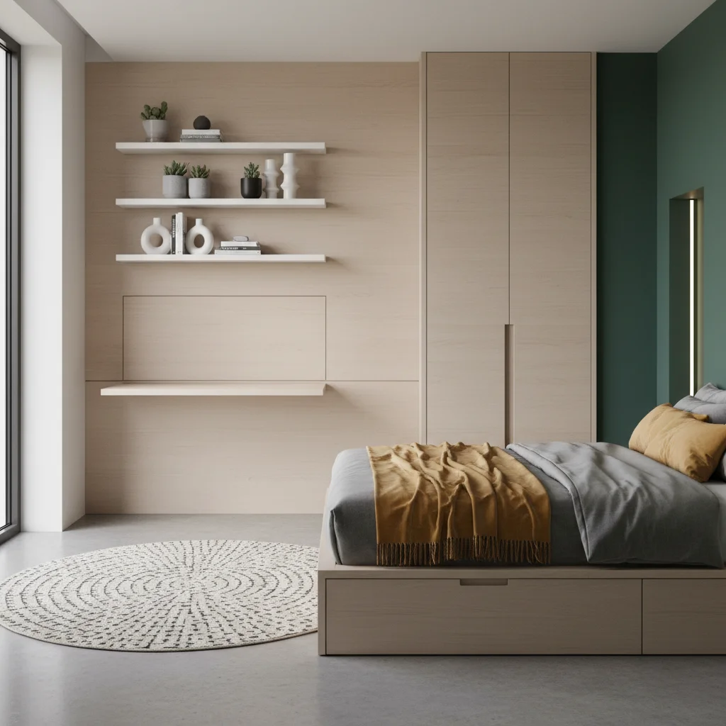 Bedroom with wall-mounted folding desk and under-bed storage
