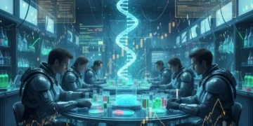 Scientists analyzing genetic data in a state-of-the-art biotech lab with investment charts.