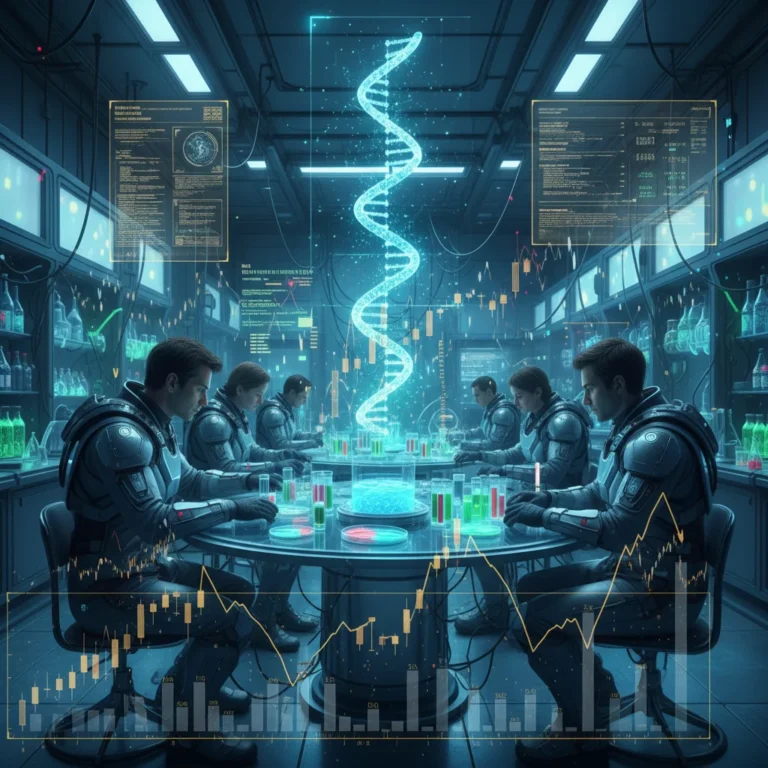 Scientists analyzing genetic data in a state-of-the-art biotech lab with investment charts.