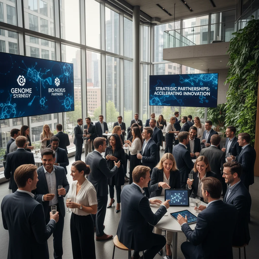 Biotech entrepreneurs and investors networking, discussing strategic partnerships.
