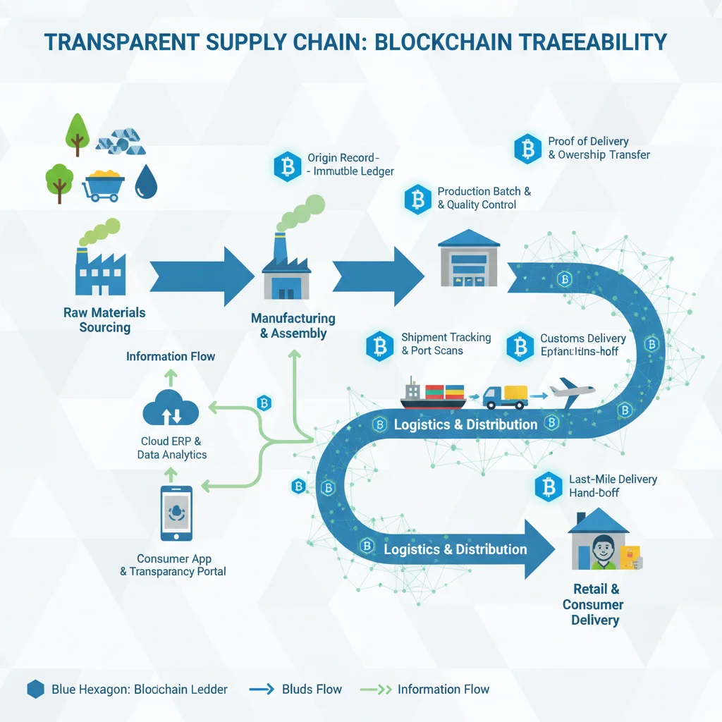 Blockchain ledger tracking goods in a transparent supply chain journey.