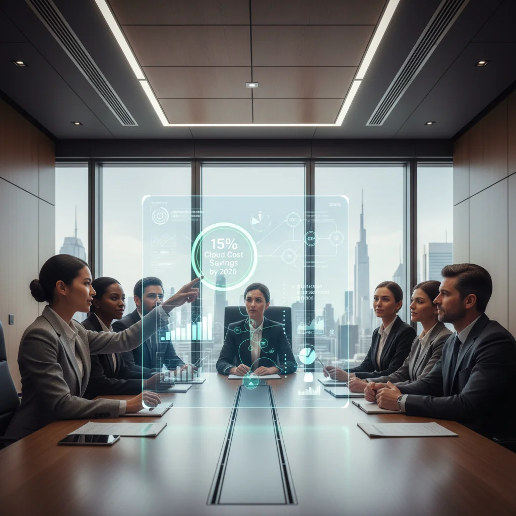 Business leaders analyzing financial projections and AI deployment strategies for cost savings.