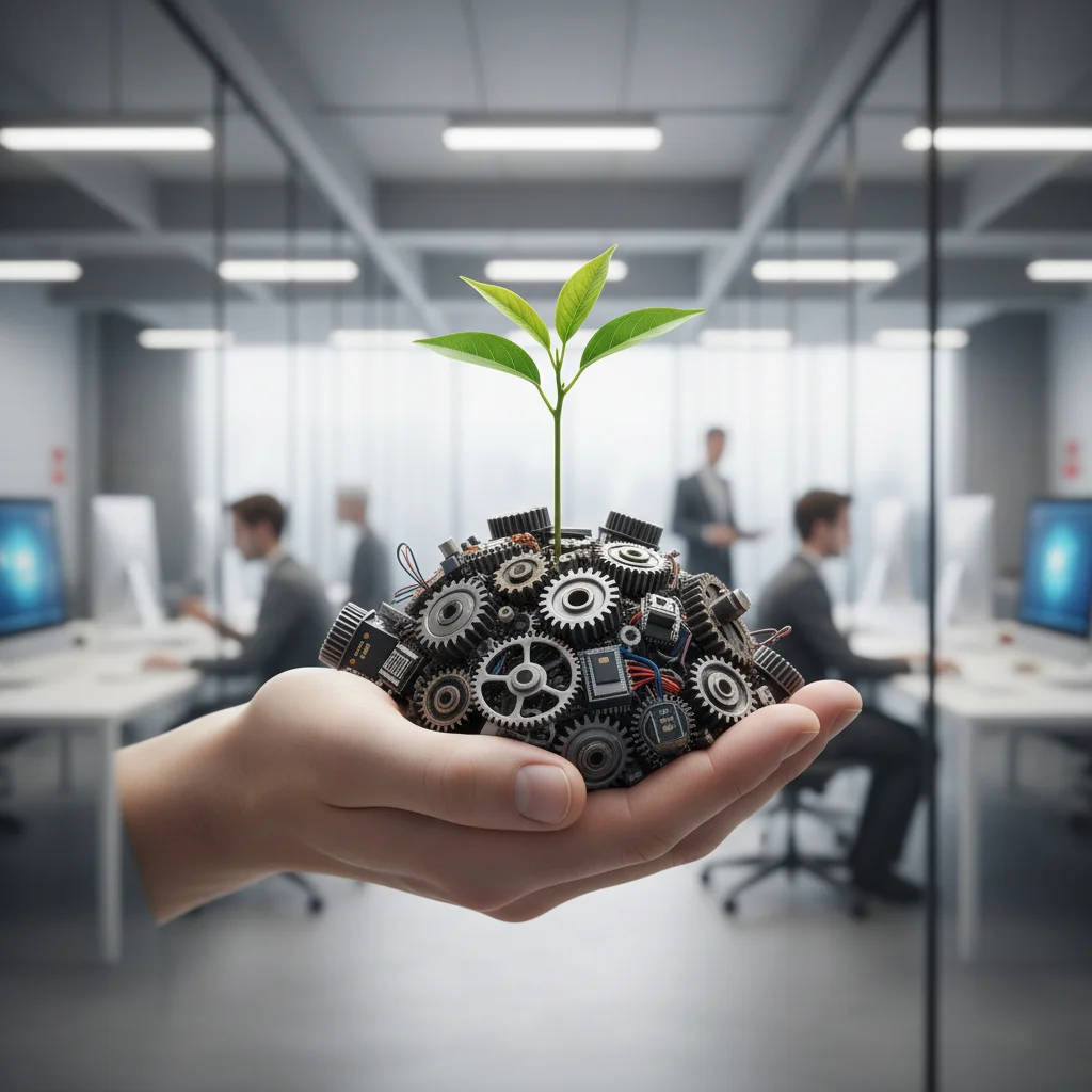 Sapling growing from gears, symbolizing career growth and skill development.