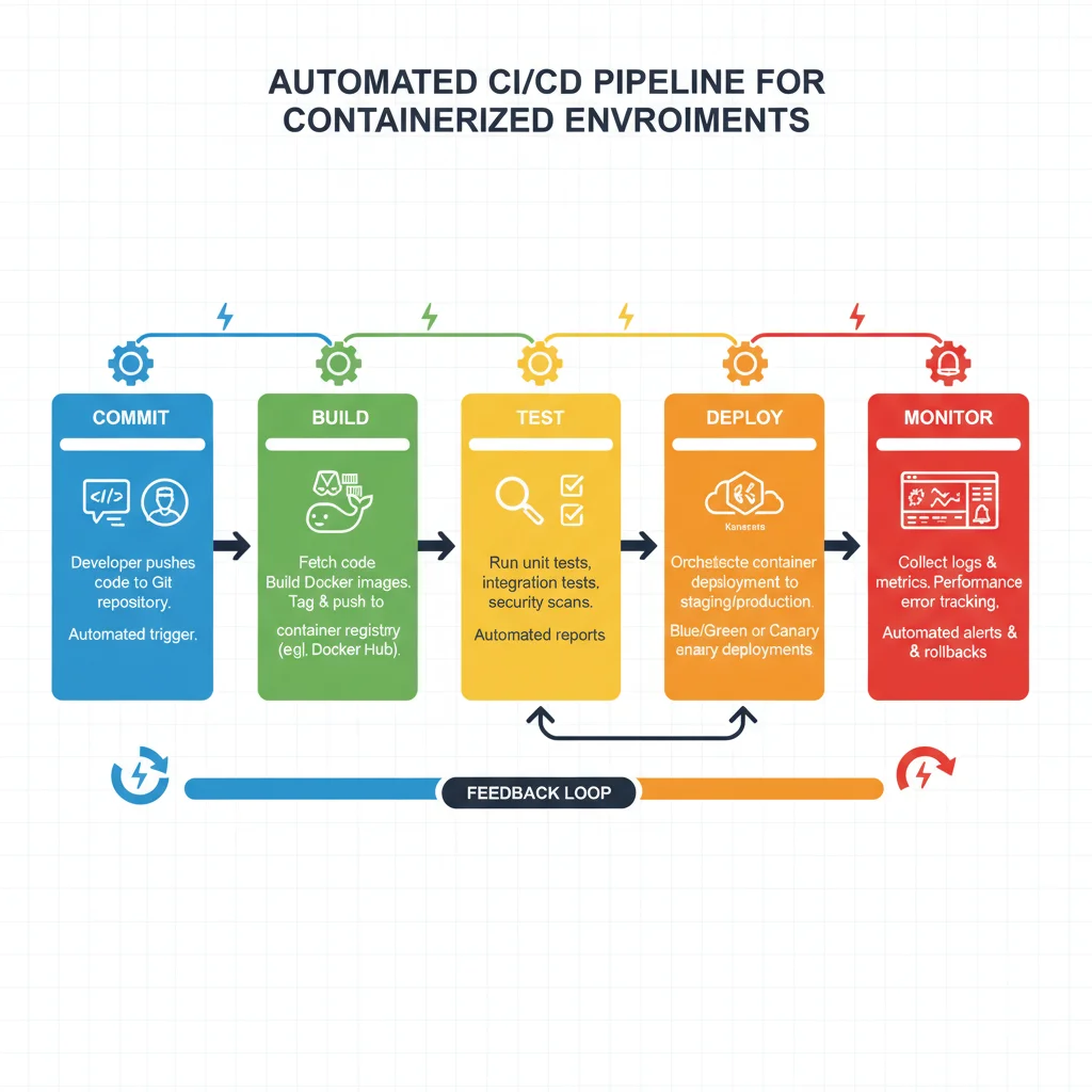 CI/CD pipeline diagram showing automated steps for container deployment.