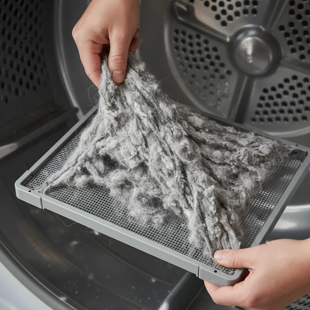 Person cleaning a dryer lint trap, highlighting essential appliance maintenance.