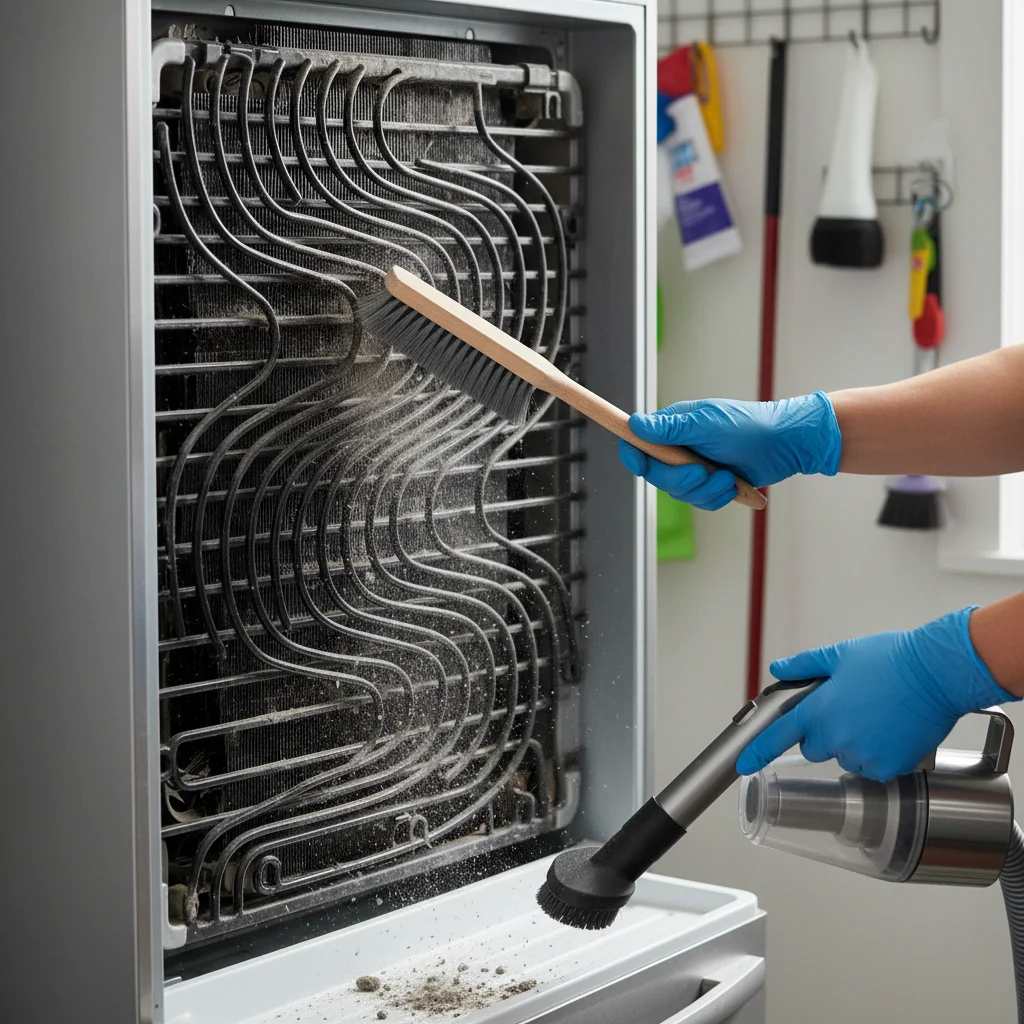 Cleaning refrigerator condenser coils for improved efficiency and lifespan.