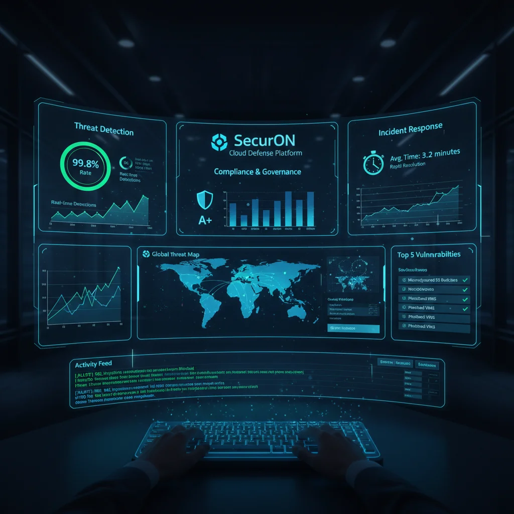Cloud security dashboard showing real-time threat detection and compliance metrics