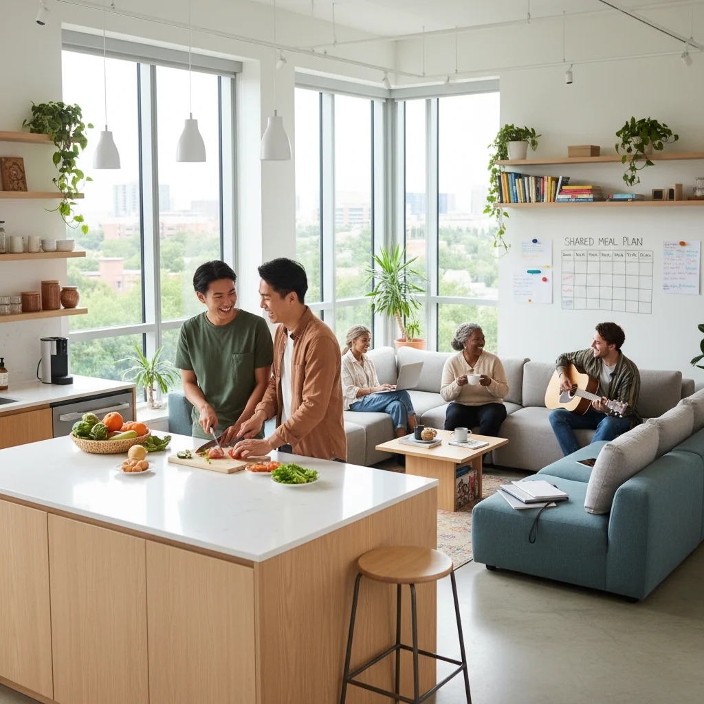 Diverse community members enjoying a modern co-living space in a city