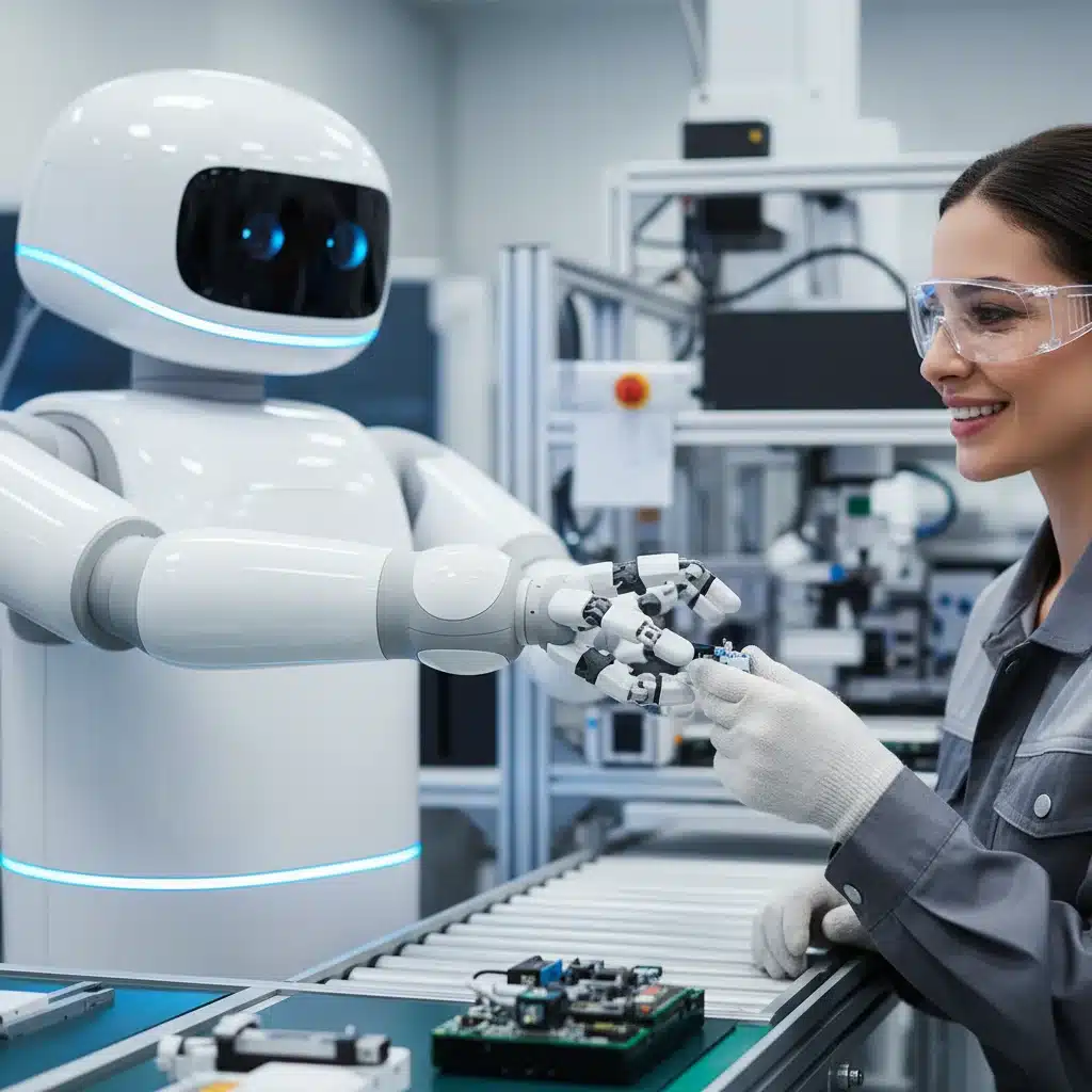 Collaborative robot safely working alongside a human on an assembly line, enhancing productivity.