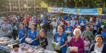 Community members receiving fresh food at a distribution event, symbolizing efforts to combat food insecurity.