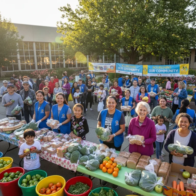 Community members receiving fresh food at a distribution event, symbolizing efforts to combat food insecurity.