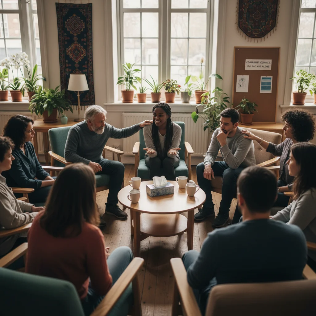 Diverse community support group engaging in empathetic conversation.