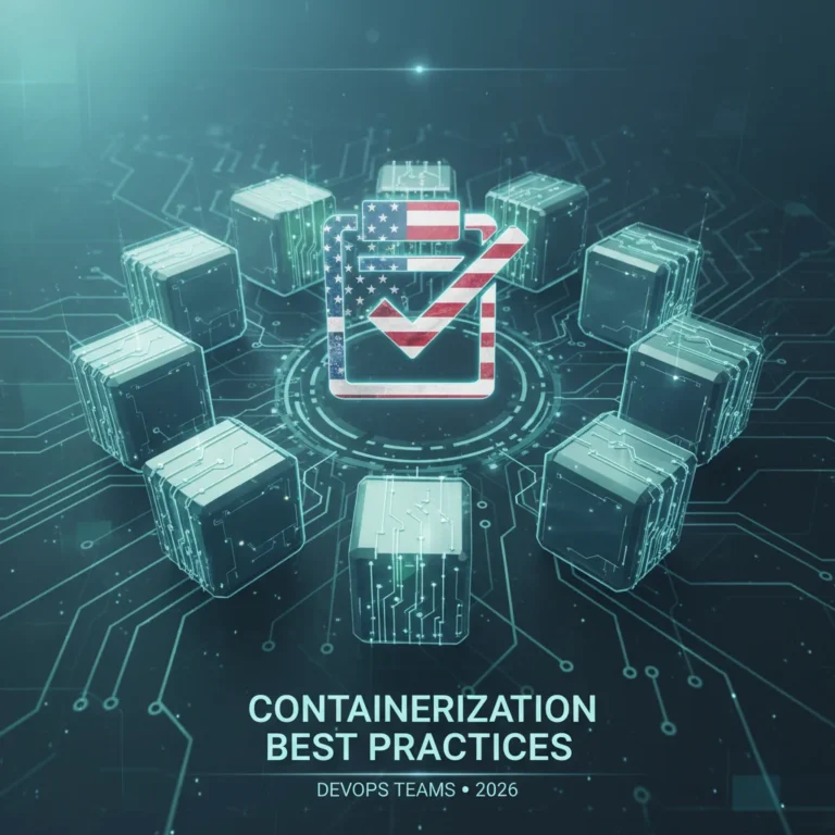 Containerization best practices checklist for US DevOps teams in 2026, featuring interconnected containers and a checklist.