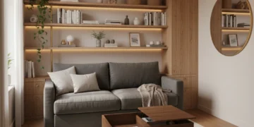 Cozy small living room with multi-functional furniture and smart storage solutions