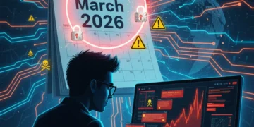 Urgent digital illustration of critical Patch Tuesday alerts for March 2026, with an IT professional assessing cybersecurity threats.