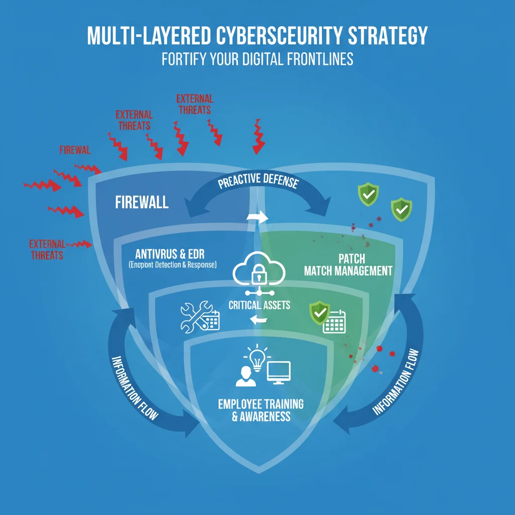 Infographic depicting a multi-layered cybersecurity defense strategy with patch management as a key component.