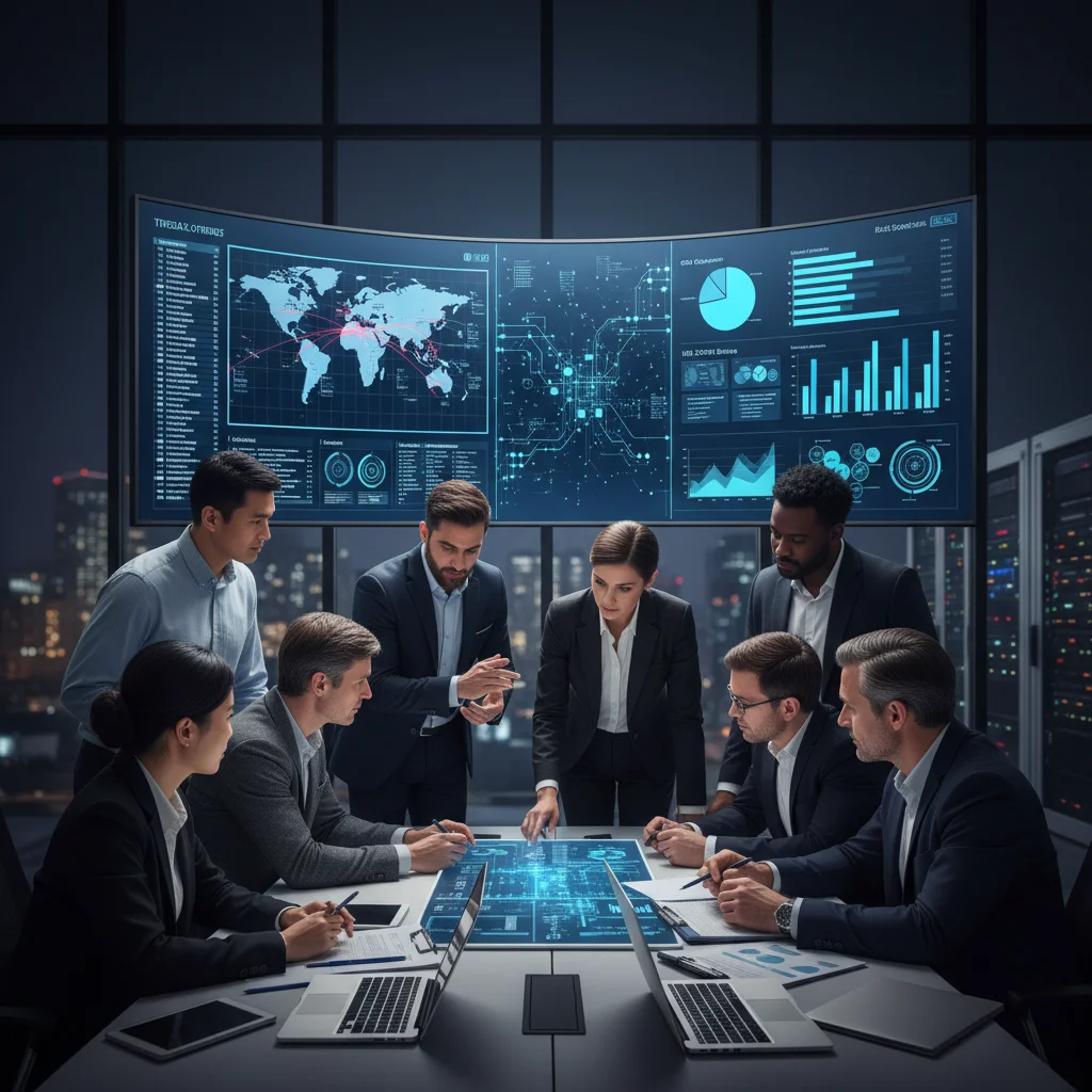 Cybersecurity team collaborating on threat intelligence and compliance dashboards for enhanced defense.