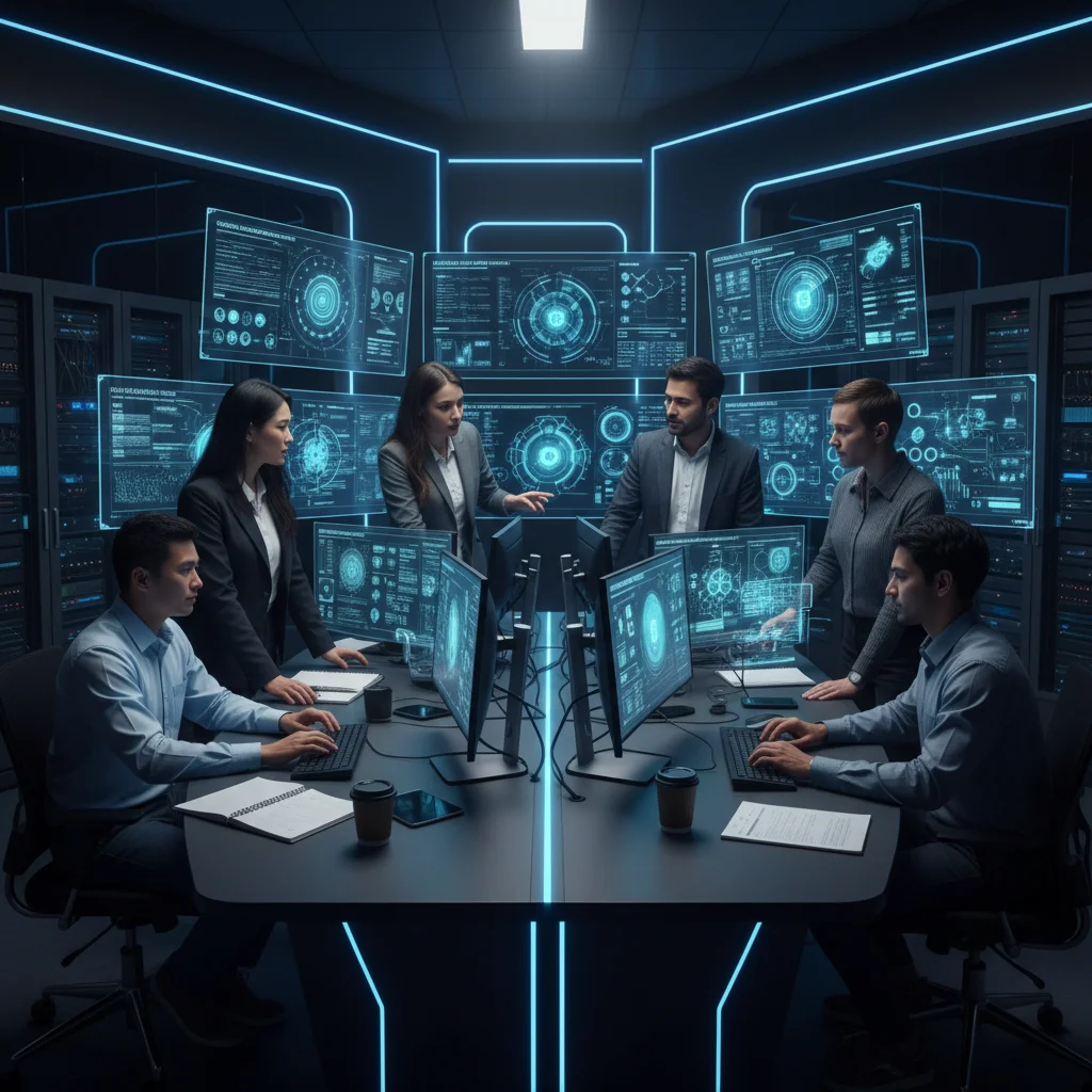 Cybersecurity team collaborating in a security operations center, implementing quantum-resistant protocols.