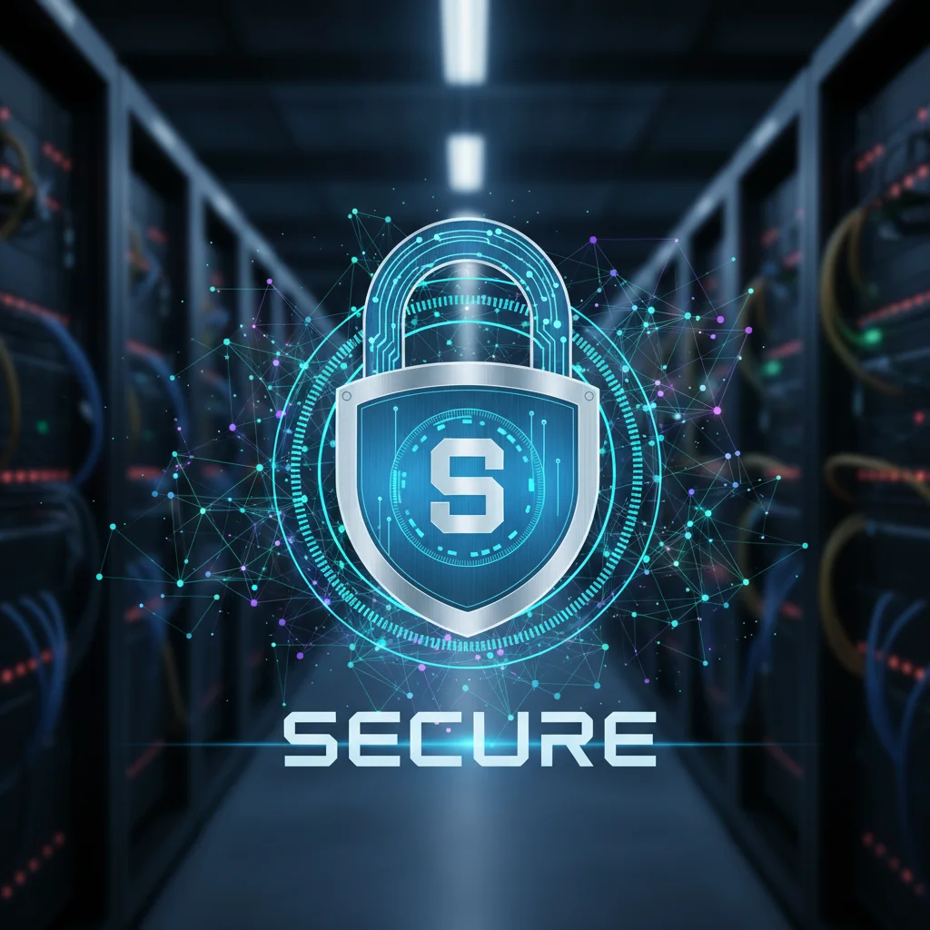 Digital padlock icon representing data encryption and security measures over a network of data points in a server environment.