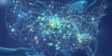 Data mesh architecture with glowing nodes representing data products and decentralized ownership, illustrating enhanced data governance for US data architects.