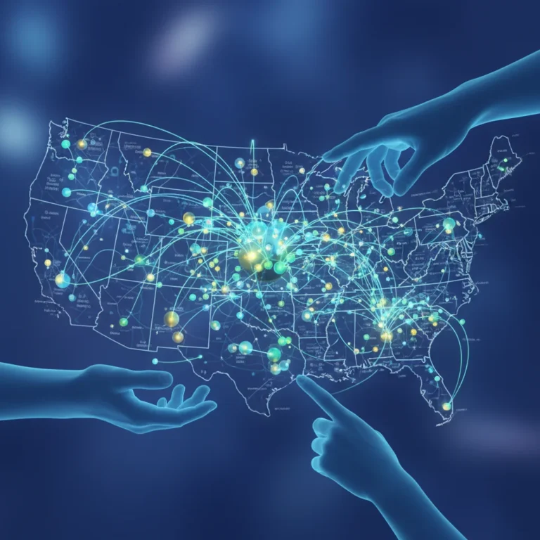 Data mesh architecture with glowing nodes representing data products and decentralized ownership, illustrating enhanced data governance for US data architects.