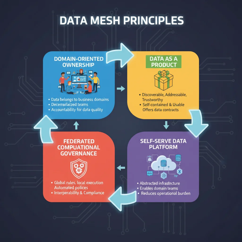 Infographic detailing the four core principles of data mesh: domain-oriented ownership, data as a product, self-serve data platform, and federated computational governance.