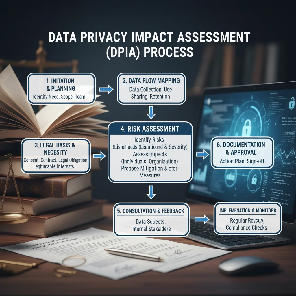 Data Privacy Impact Assessment (DPIA) flowchart showing risk evaluation and compliance steps.