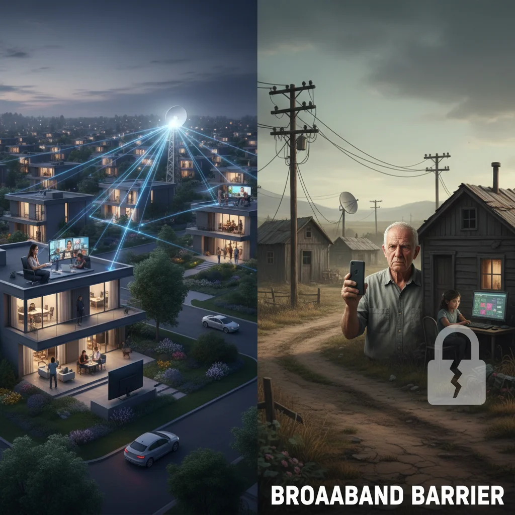 Visual metaphor of the digital divide, contrasting well-connected and underserved communities, illustrating broadband access disparities.