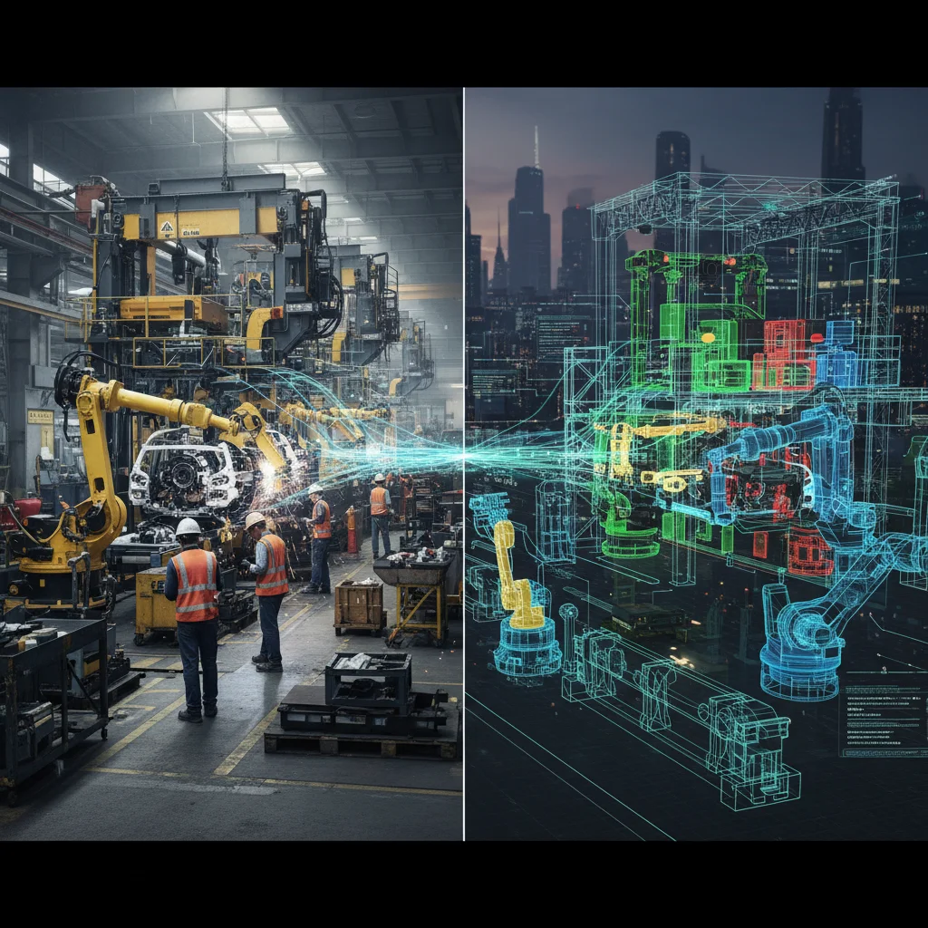 Digital twin of a manufacturing plant displaying real-time operational data and predictive maintenance insights.