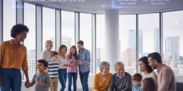 Diverse families representing single-parent, multi-generational, and blended households in a modern setting.