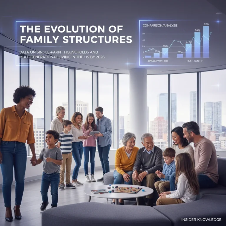 Diverse families representing single-parent, multi-generational, and blended households in a modern setting.