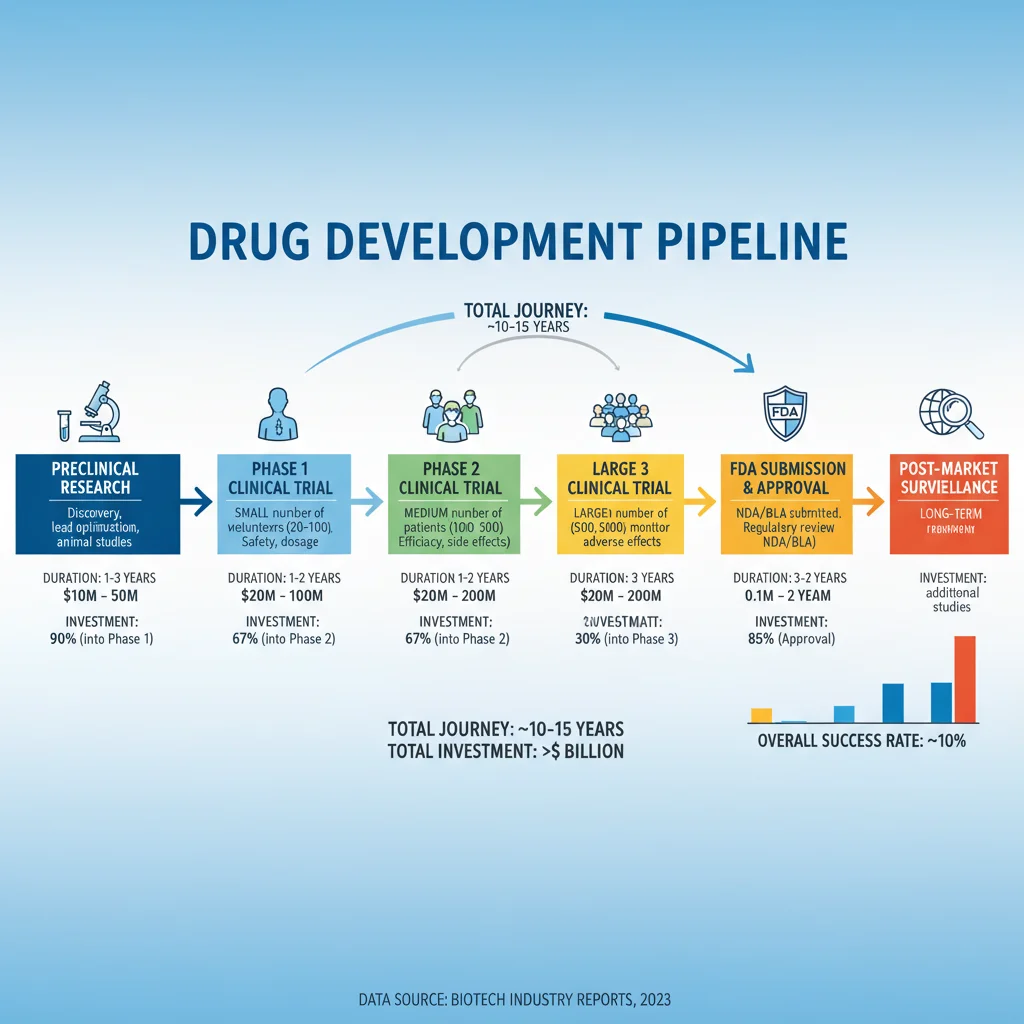 Infographic illustrating the complex drug development pipeline and investment stages.