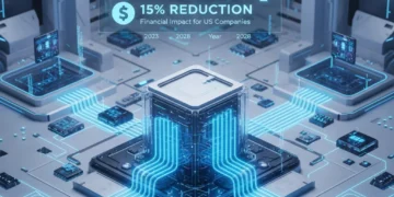 Futuristic data center transitioning to edge devices with a graph showing 15% cloud cost reduction.