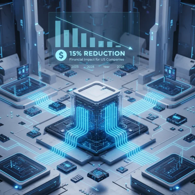 Futuristic data center transitioning to edge devices with a graph showing 15% cloud cost reduction.