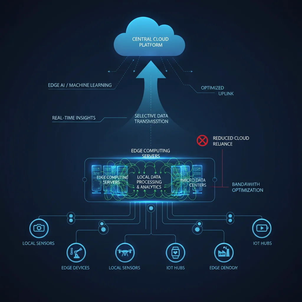 Network diagram showcasing edge computing data processing and optimized cloud interaction.